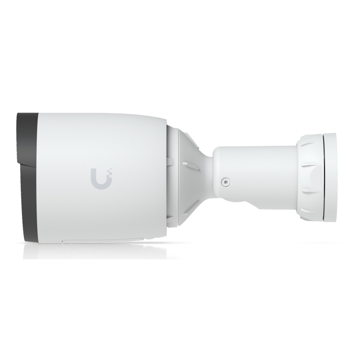 A white security camera with a black front and a logo.