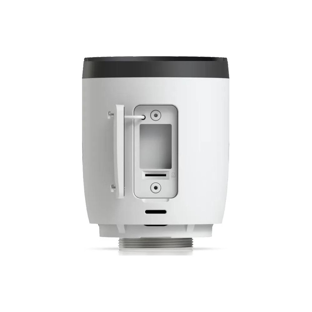 A white security camera with a black ring, detailed ports, and a threaded base.
