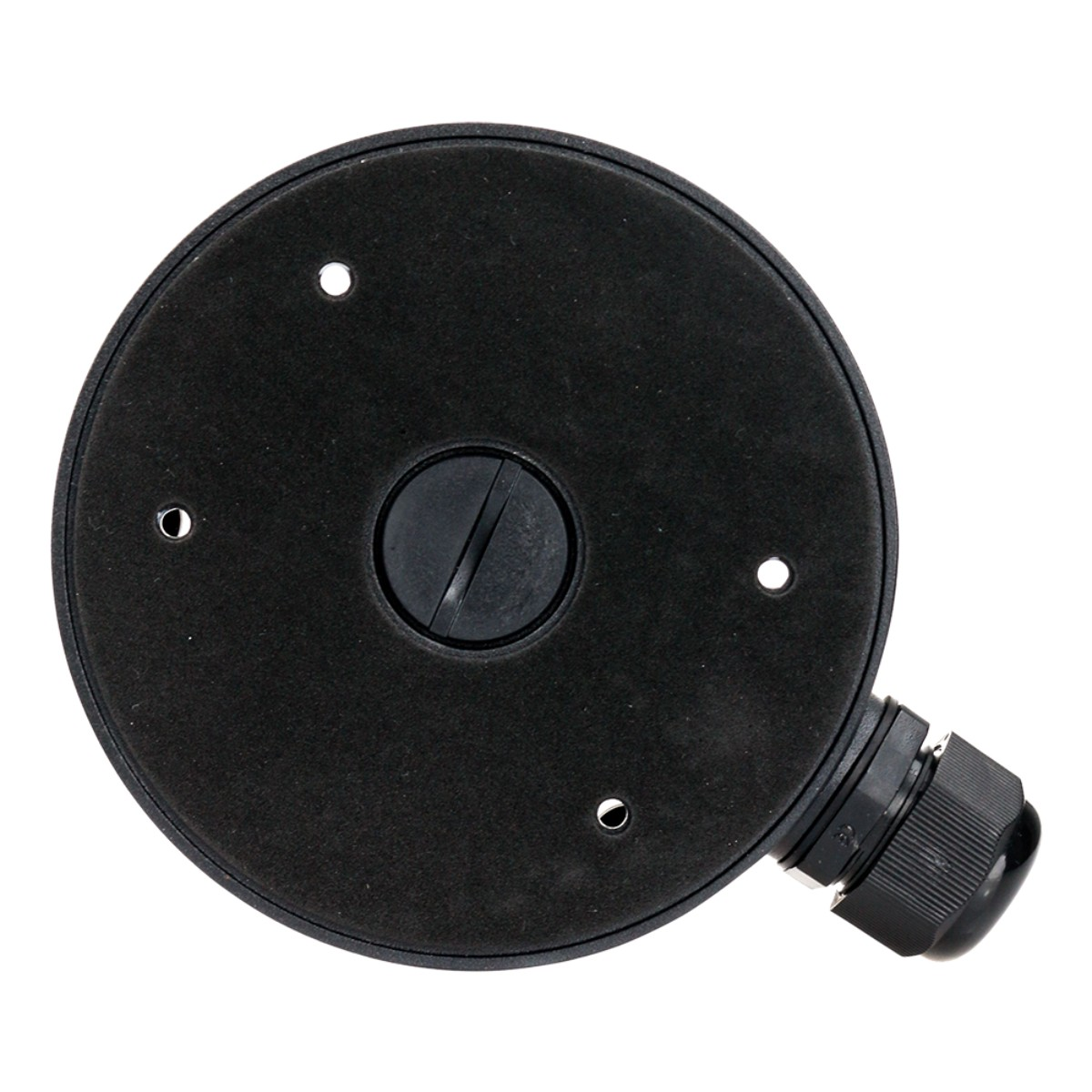 Supporto rotondo nero con vite centrale e pressacavo.