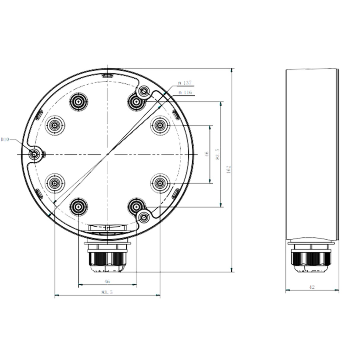 Disegno tecnico di un componente rotondo che mostra dimensioni e punti di montaggio.