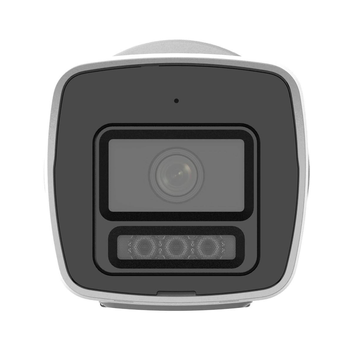 Telecamera di sicurezza bianca con obiettivo e quattro LED su sfondo bianco.