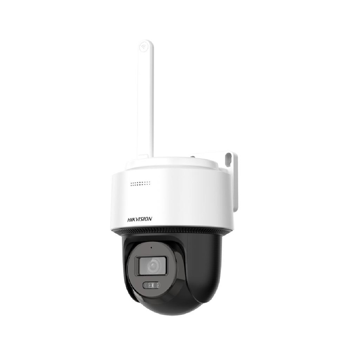 Una telecamera di sicurezza bianca con cupola nera e antenna.