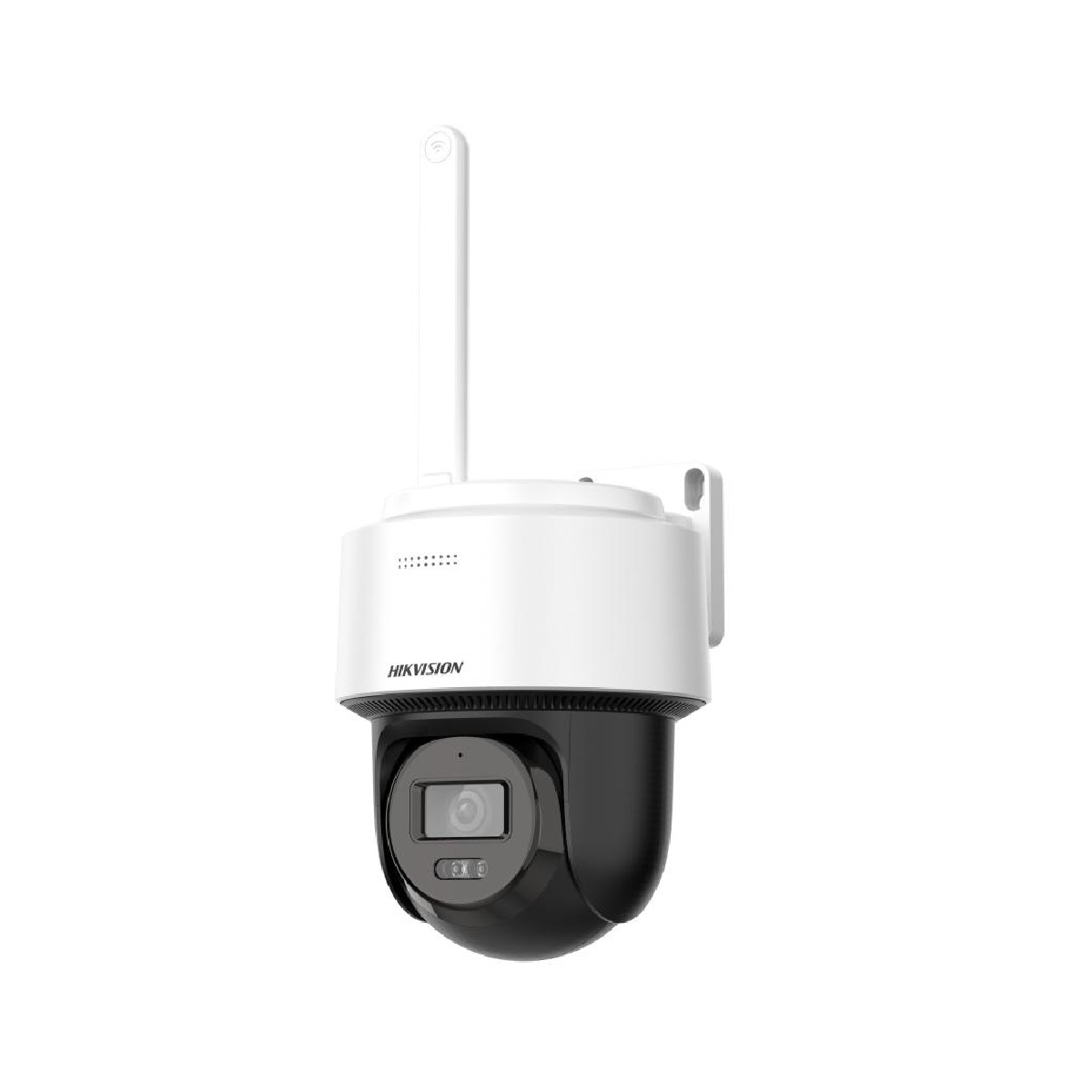 Una telecamera di sicurezza bianca con alloggiamento nero e antenna.