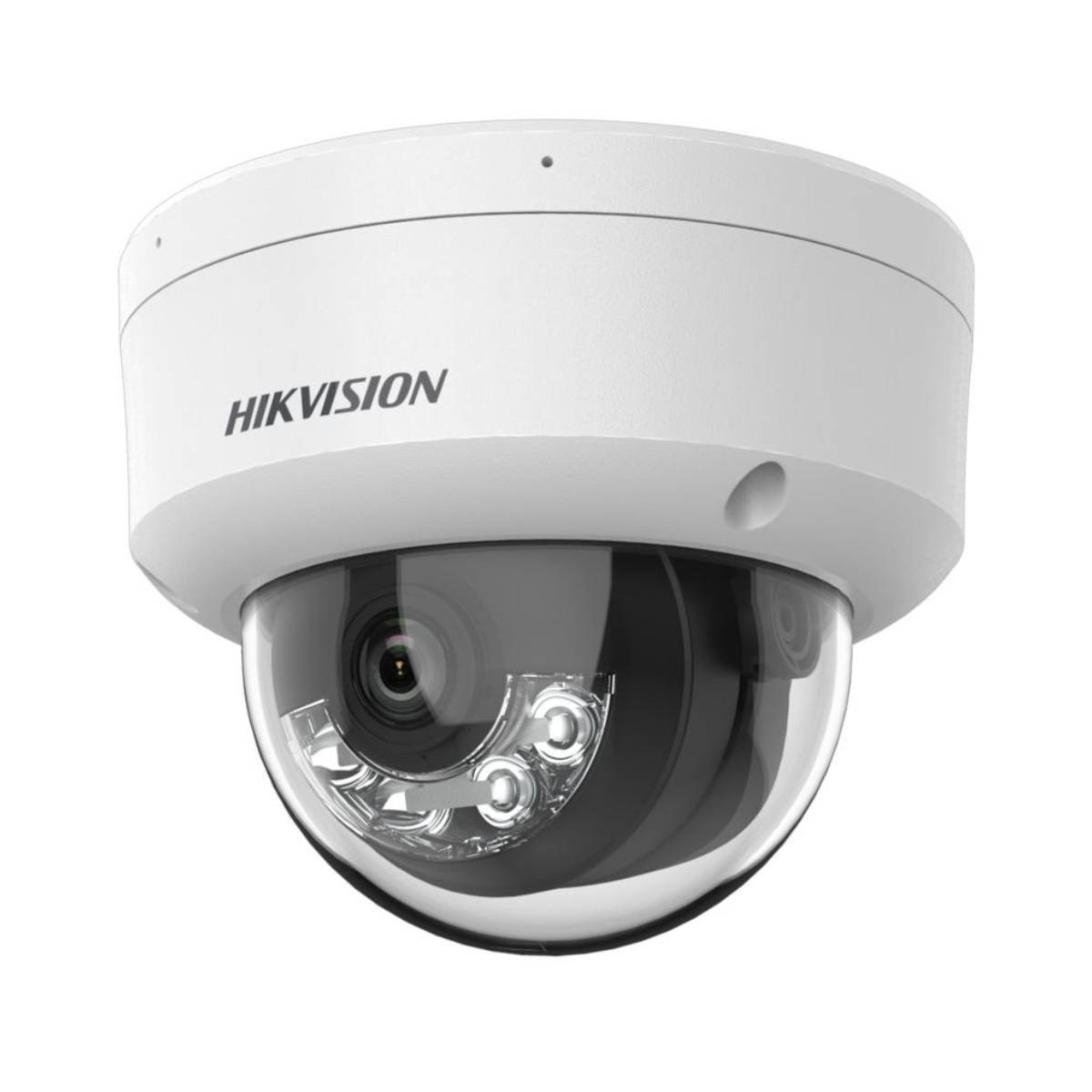 Una telecamera dome Hikvision bianca con cupola trasparente e LED infrarossi.