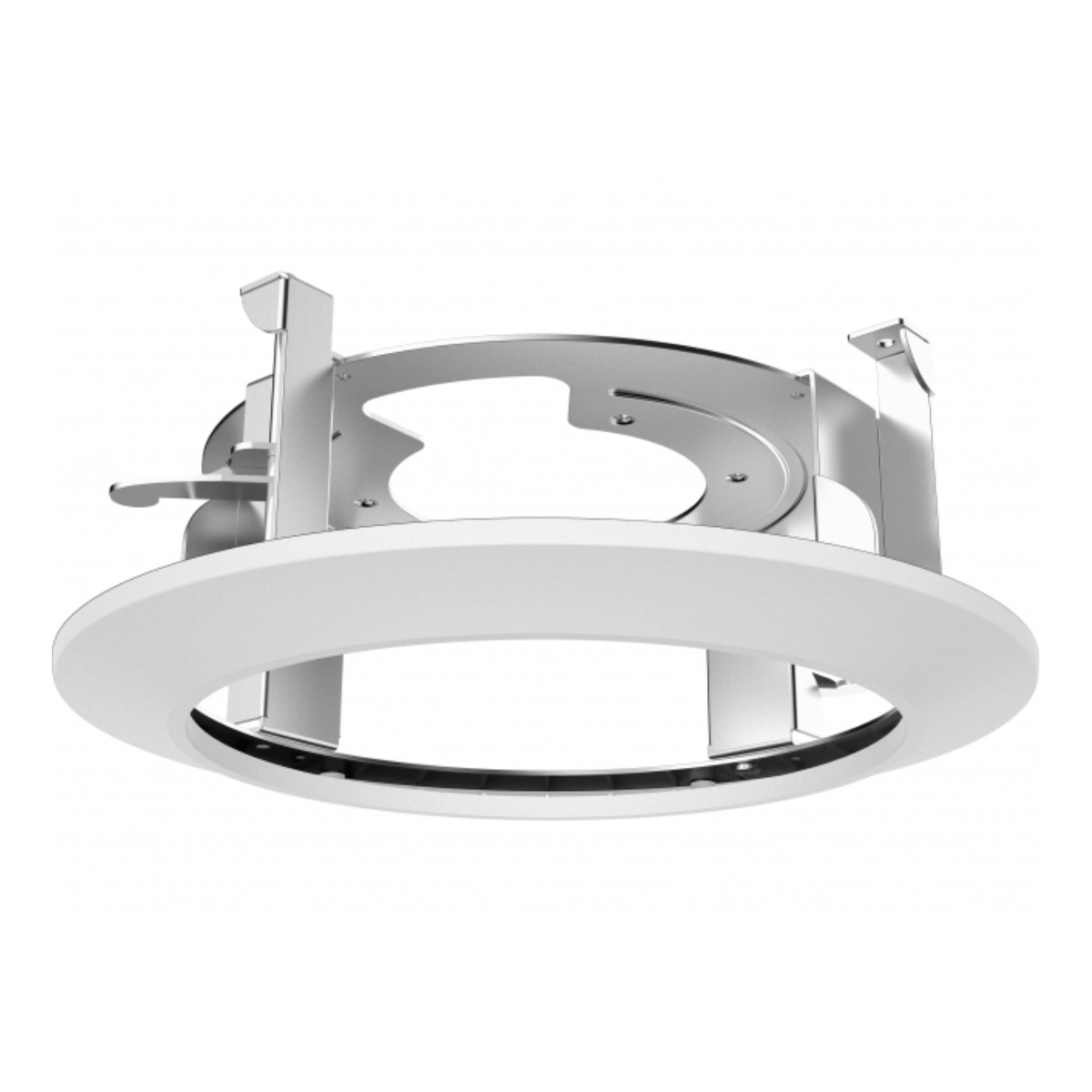 Una staffa bianca per montaggio a soffitto con supporti metallici argentati, isolata.
