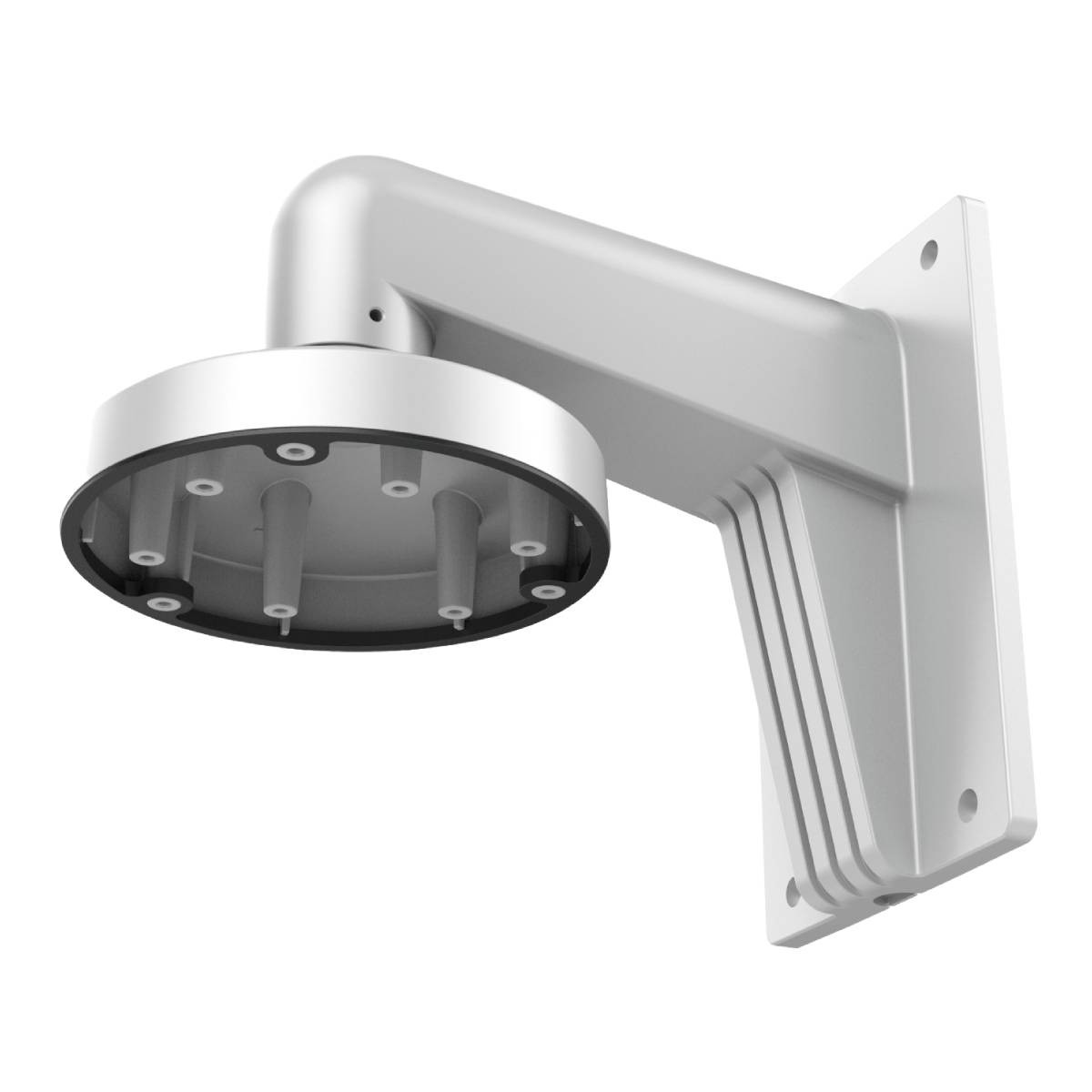 Un supporto a muro bianco per telecamera di sicurezza, con base rotonda.