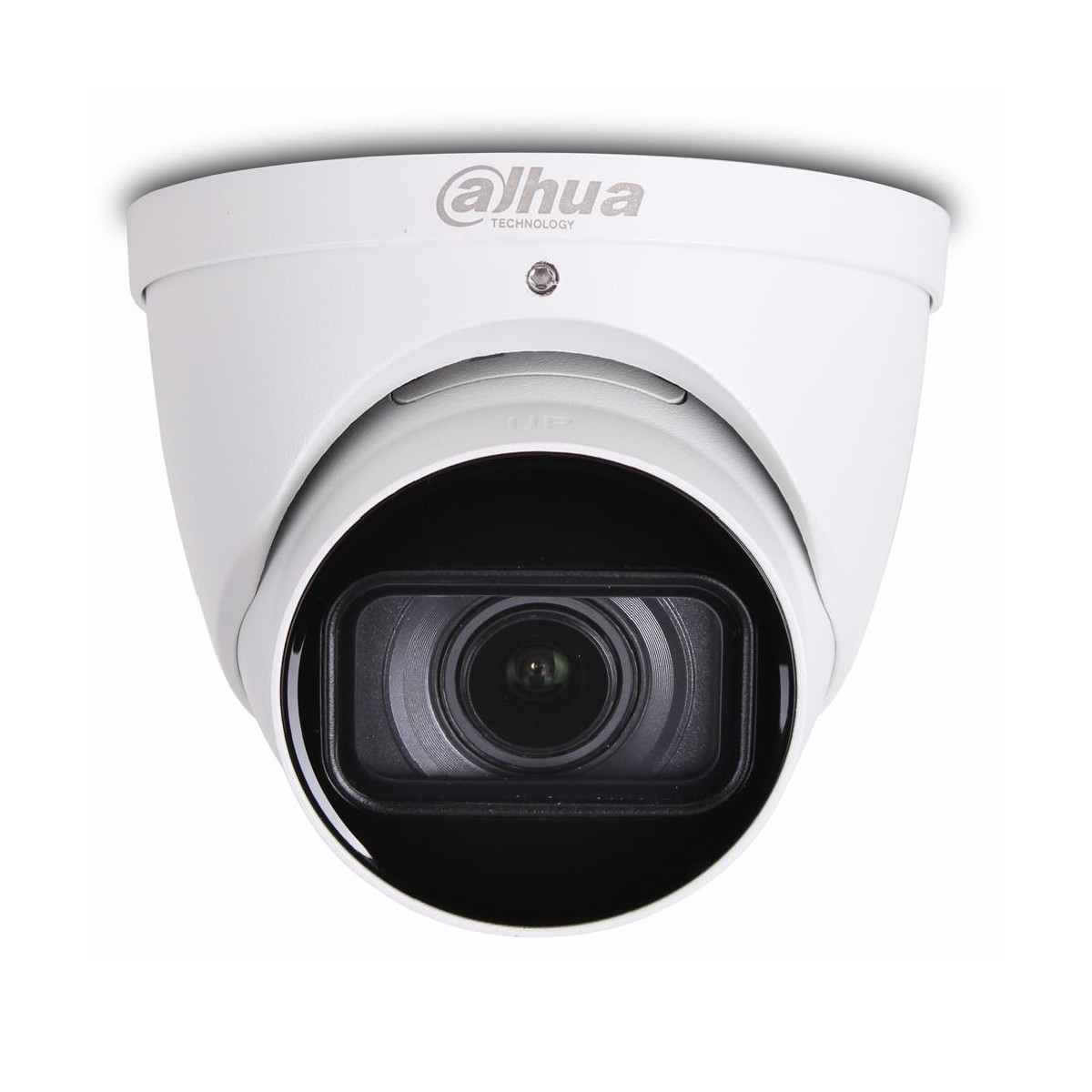 Una telecamera di sicurezza Dahua bianca con obiettivo centrale.
