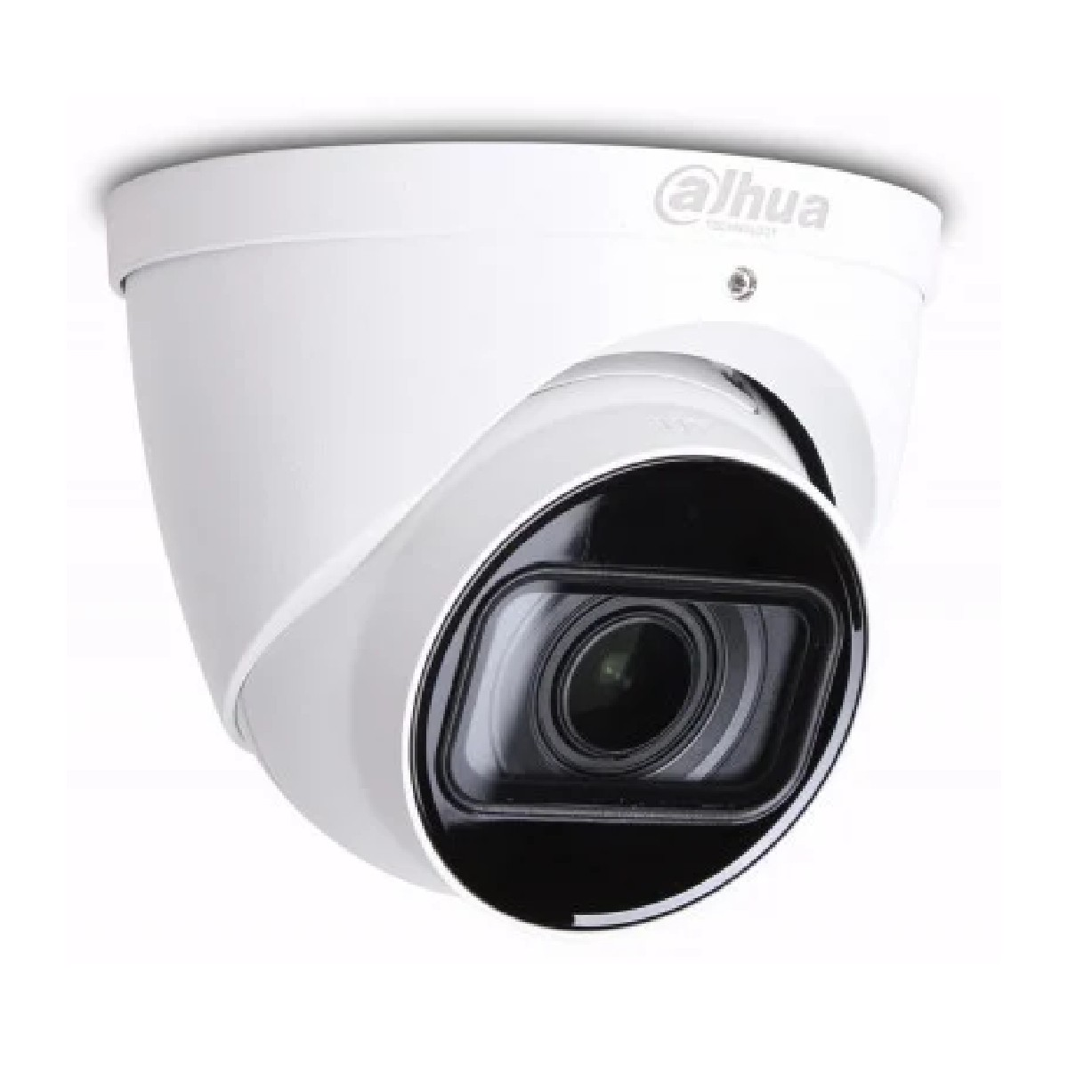 Una telecamera di sicurezza dome bianca con lente nera, su sfondo bianco.