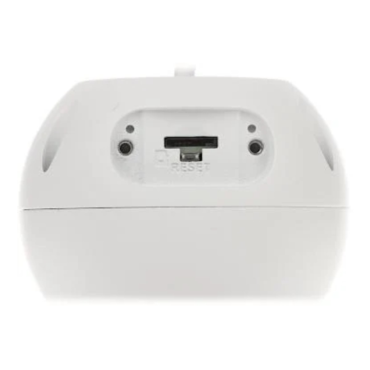 Dispositivo bianco con pulsante di reset e slot. Primo piano.
