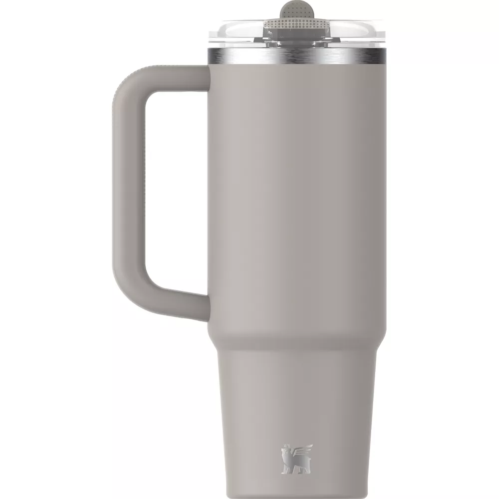 Grauer Becher mit Griff und transparentem Deckel, Logo unten.
