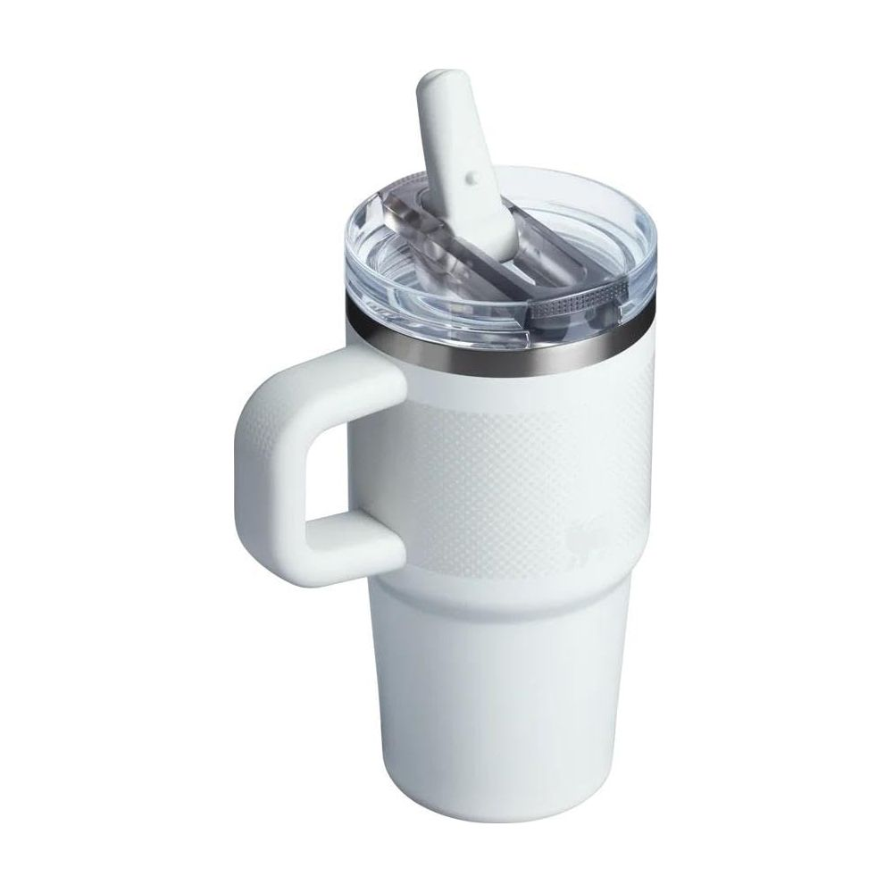 Saplı ve pipetli kapaklı beyaz termos bardak.