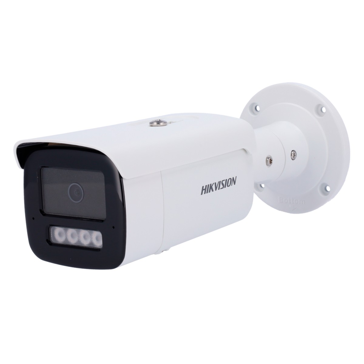 Una telecamera di sicurezza Hikvision bianca con lente nera e quattro LED a infrarossi.