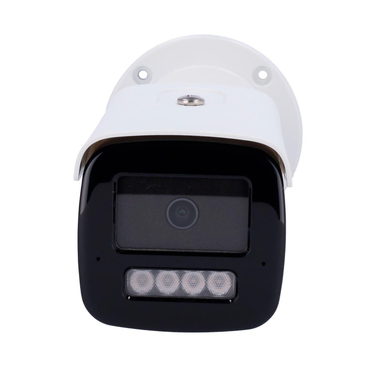Telecamera di sicurezza bianca con accenti neri e quattro LED IR.