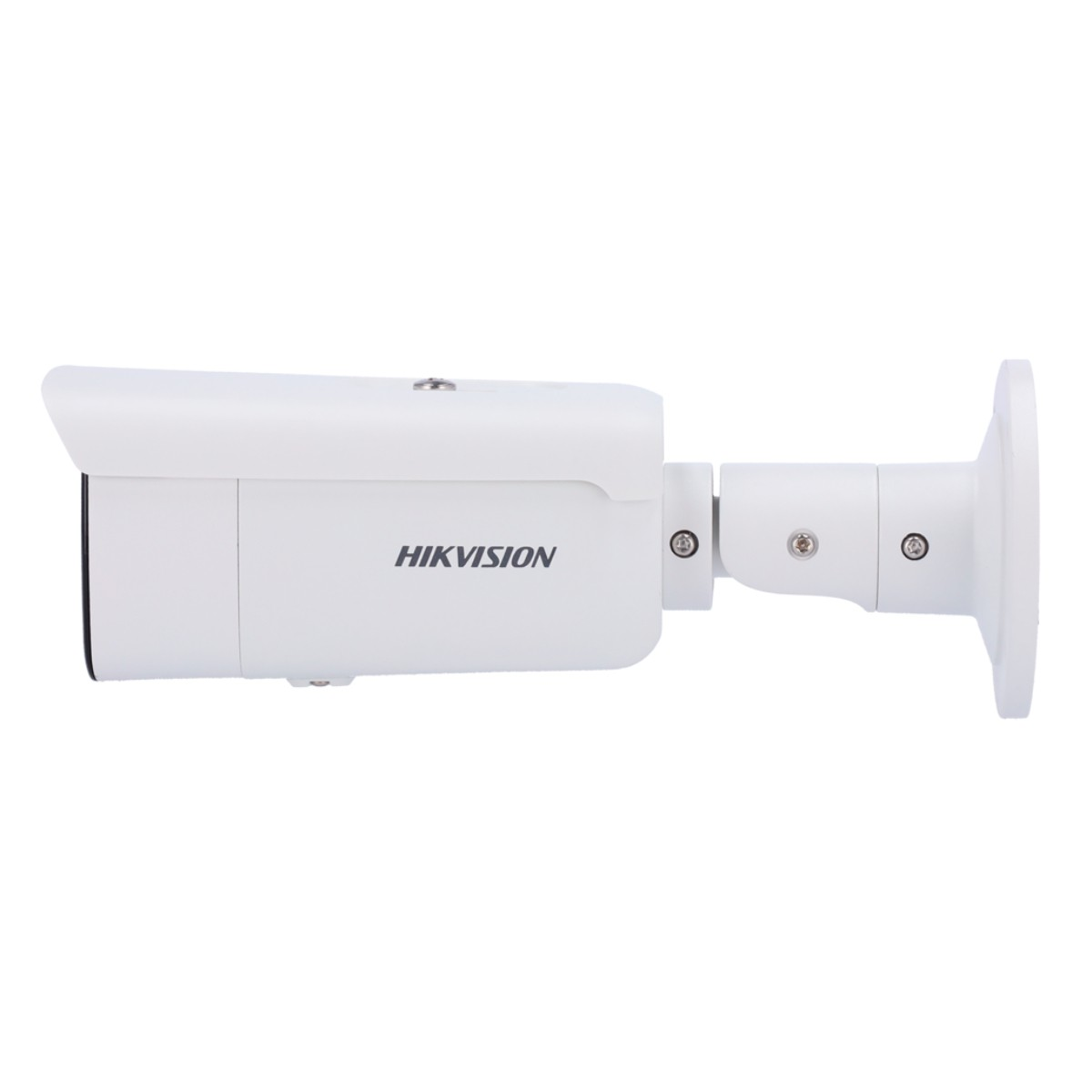 Una telecamera di sicurezza Hikvision bianca con supporto, su sfondo bianco.