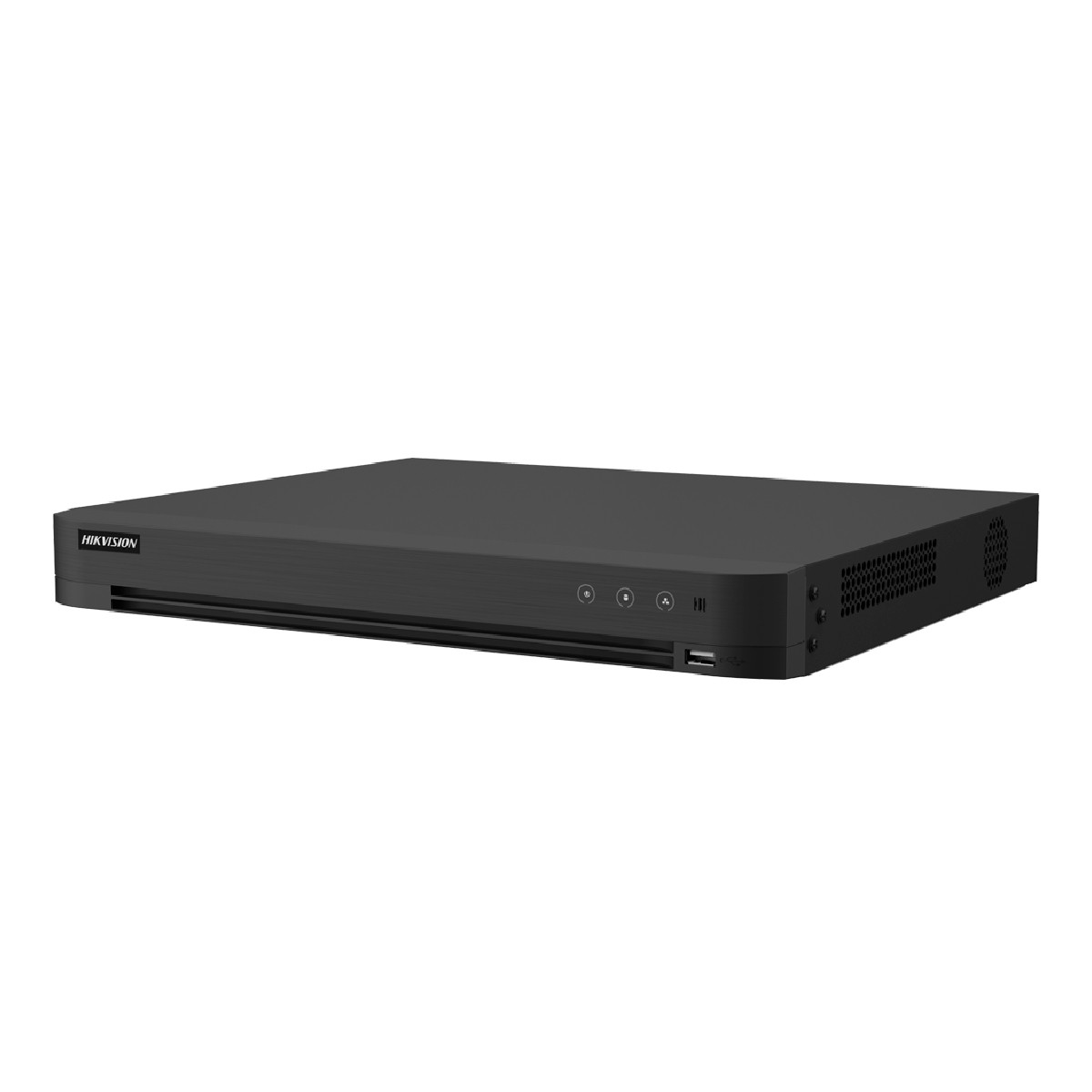 DVR Hikvision nero con pulsanti, porta USB e fessure di ventilazione laterali.