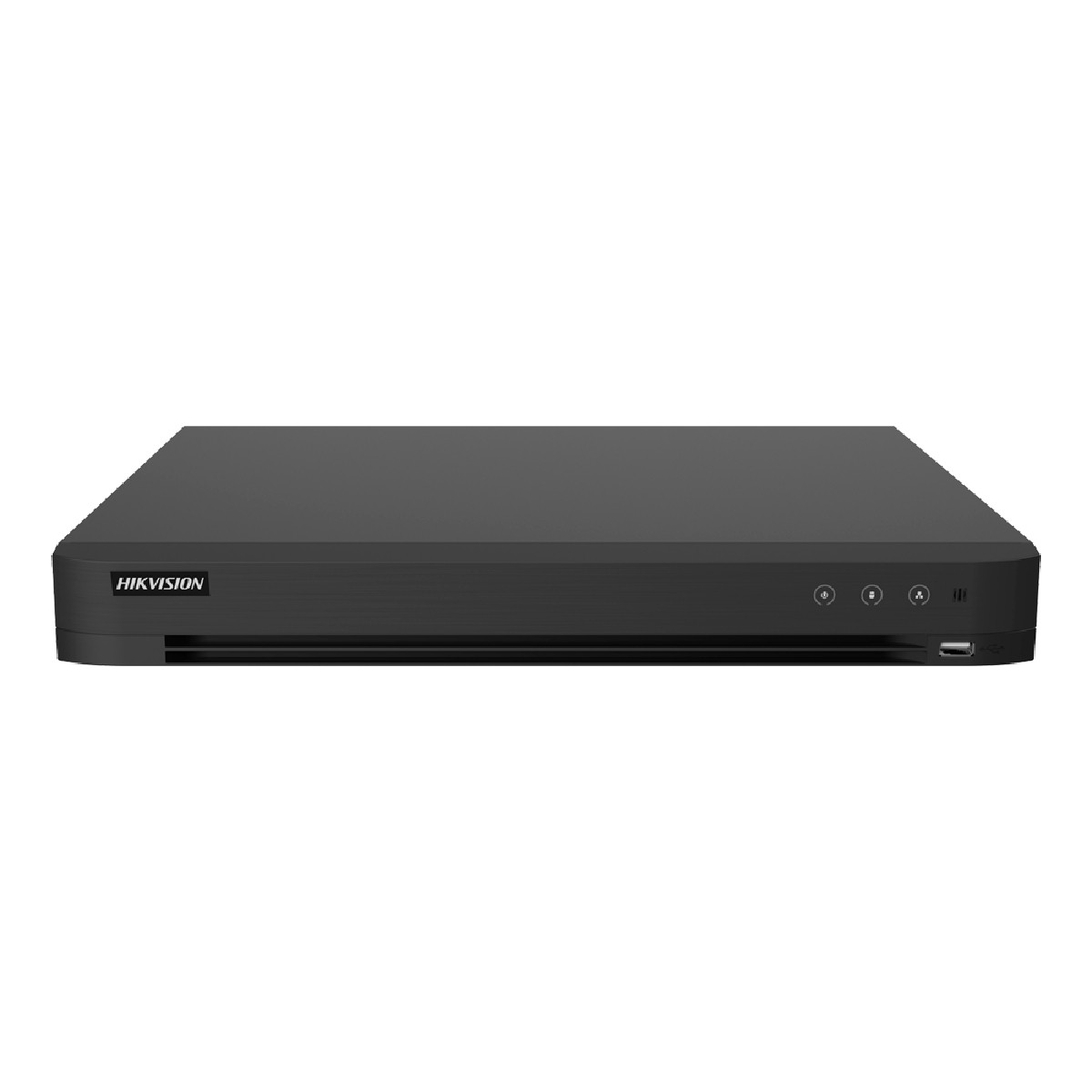 Un Digital Video Recorder Hikvision nero con pulsanti di controllo frontali.