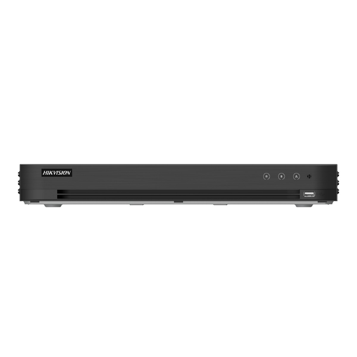 Un DVR Hikvision nero con porta USB e pulsanti di controllo sopra.