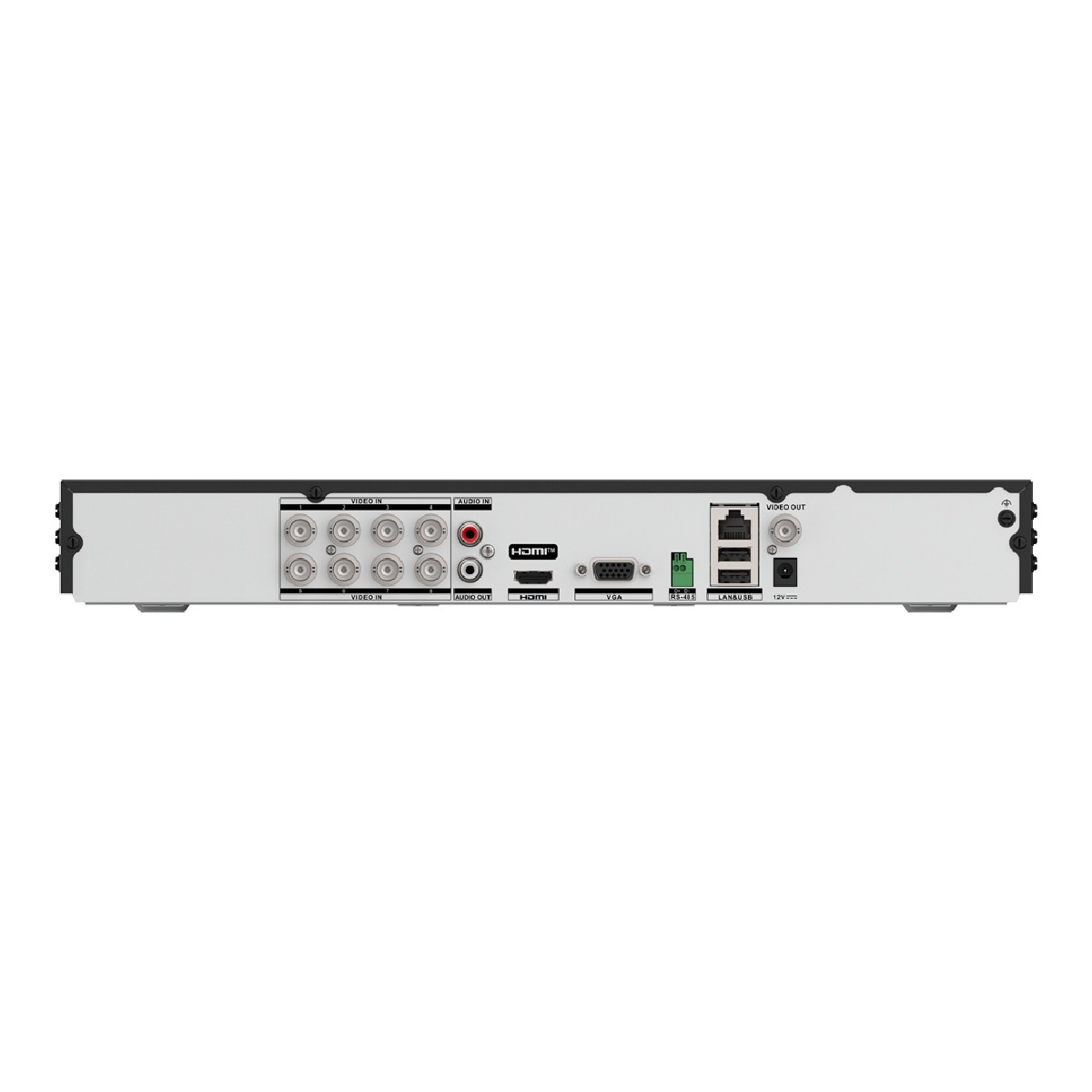 Retro del DVR con ingressi/uscite audio/video, HDMI, VGA, LAN/USB e alimentazione.