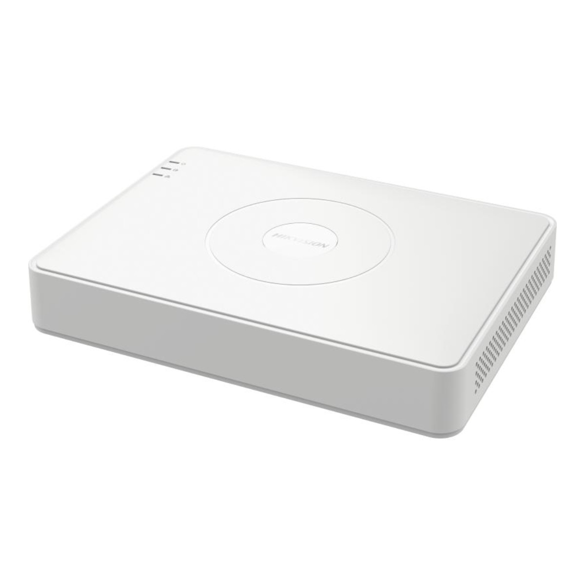 Un dispositivo di registrazione Hikvision bianco con spie e fessure di ventilazione.