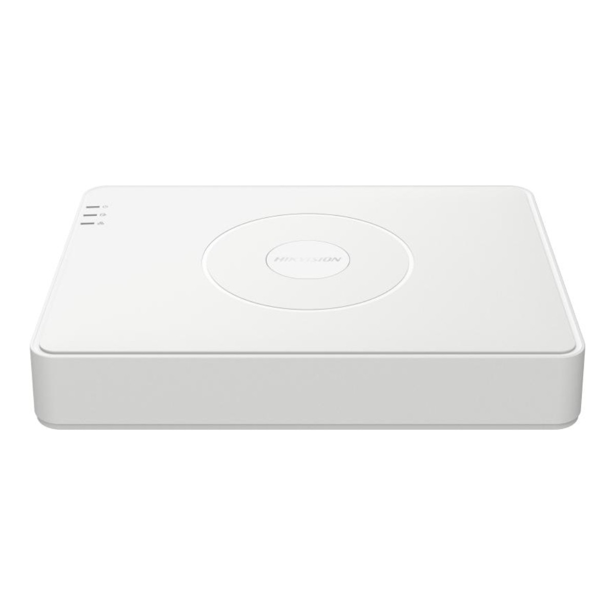 Un dispositivo di registrazione Hikvision bianco con tre spie luminose e un motivo circolare sulla parte superiore.