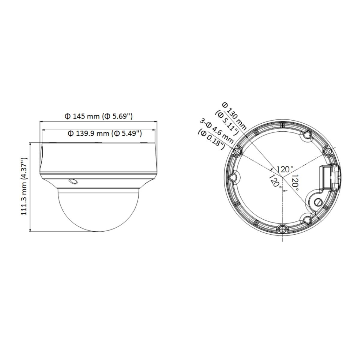 Disegno tecnico di una telecamera di sorveglianza con dimensioni e angoli.
