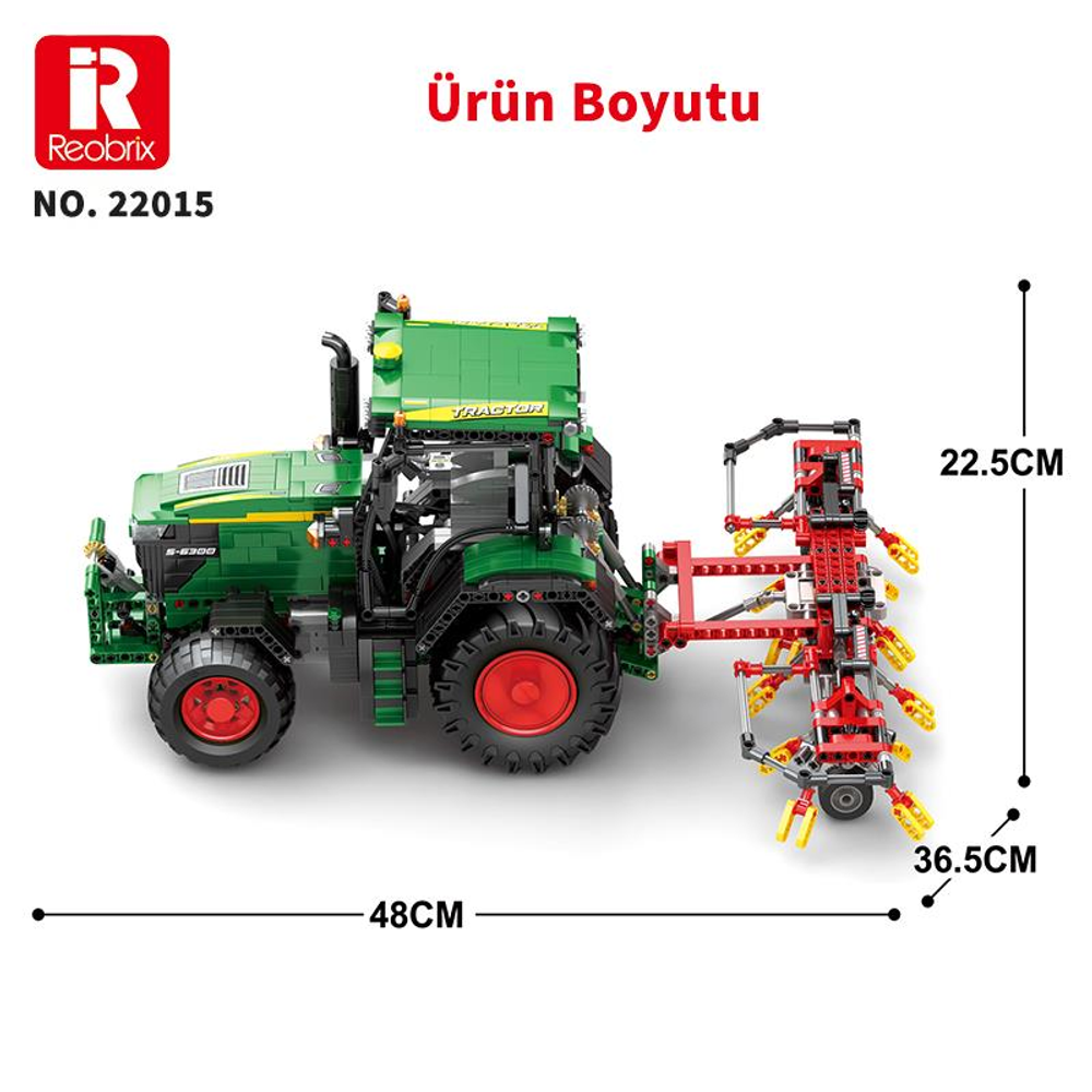 Yeşil oyuncak traktör, bağlı kırmızı tarım aleti ve boyutları.