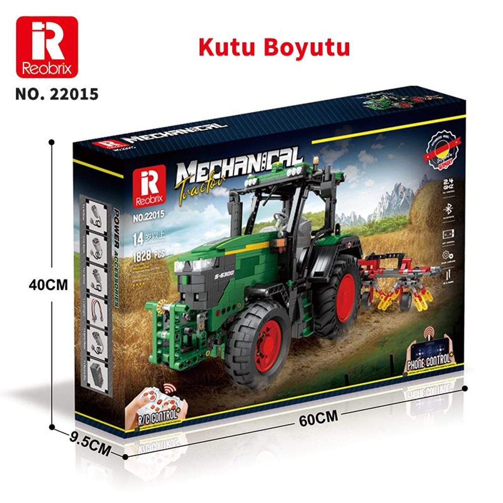 Ekli makineli ve uzaktan kumandalı yeşil Reobrix traktör kutusu. 60x40x9.5cm.