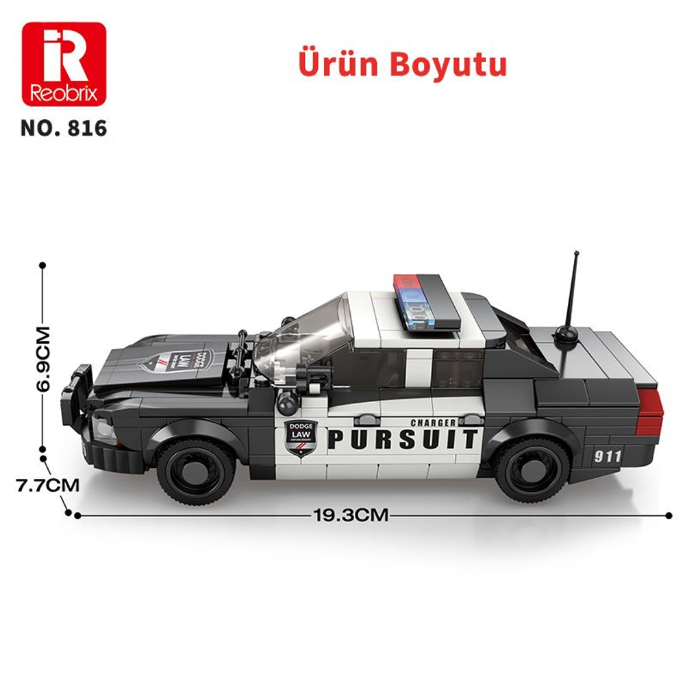Yanında "Pursuit" yazan siyah bir Dodge Charger oyuncak polis arabası.