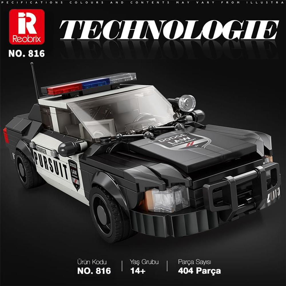 'Pursuit' ve 'Dodge Law' etiketli siyah polis arabası modeli, kırmızı ve mavi ışıklar.