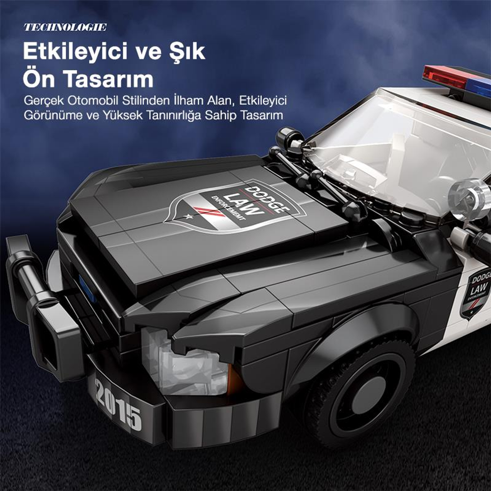 Yanıp sönen ışıklı, "Dodge Law" çıkartmalı siyah Lego polis arabası.