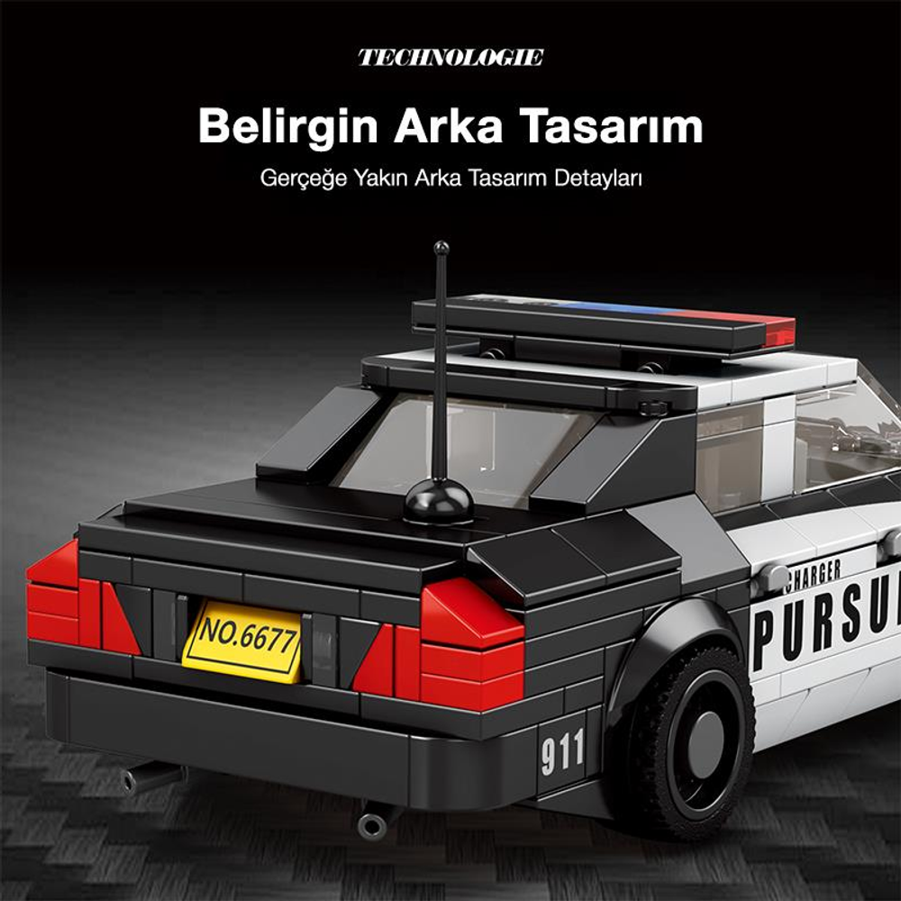 NO.6677 plakalı ve ışıklı çubuklu LEGO polis arabası.