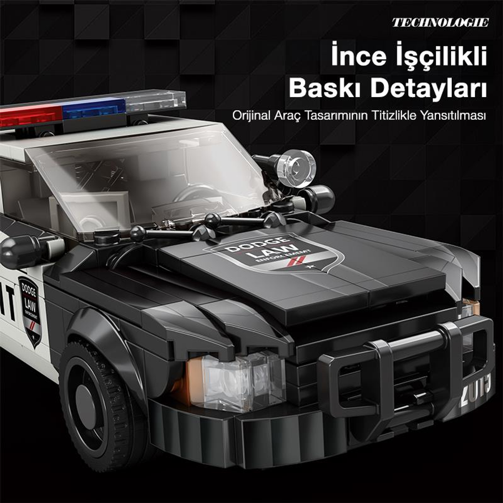 Kırmızı ve mavi ışıklı siyah bir Dodge polis arabasının LEGO modeli.