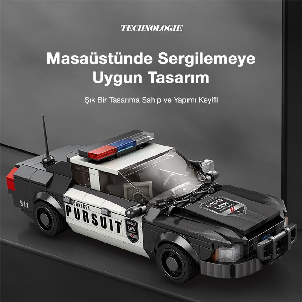 LEGO polis arabası, "911" ve "Pursuit" yazılı, ışıklı tepe lambası.