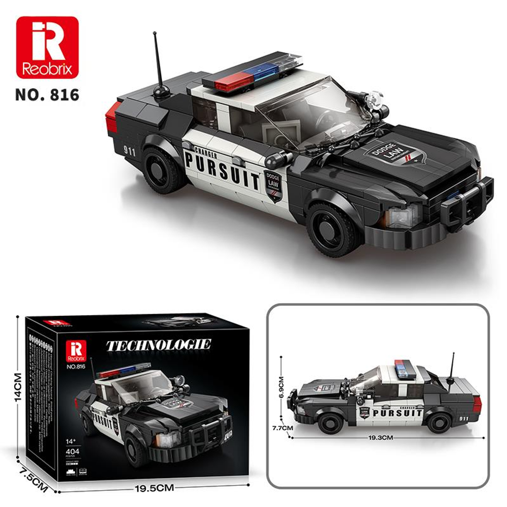 Mavi ışıklı ve 'Pursuit' yazılı bir Lego polis arabası.