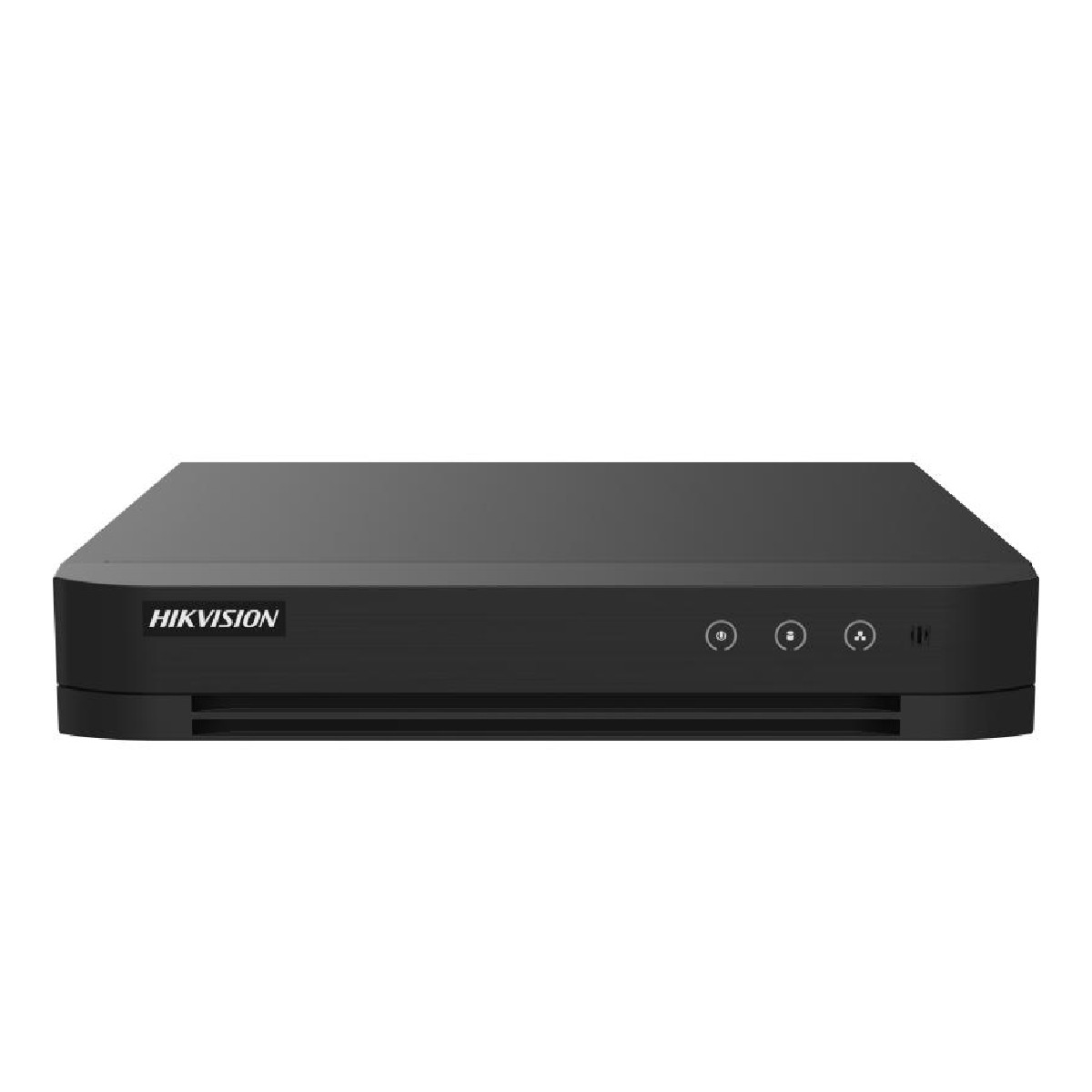 Un DVR Hikvision nero con pulsanti di controllo e fessure di ventilazione.