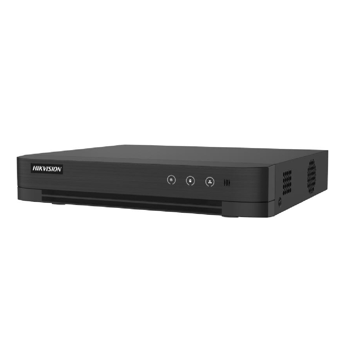 Un dispositivo DVR Hikvision nero con pulsanti e prese d'aria.