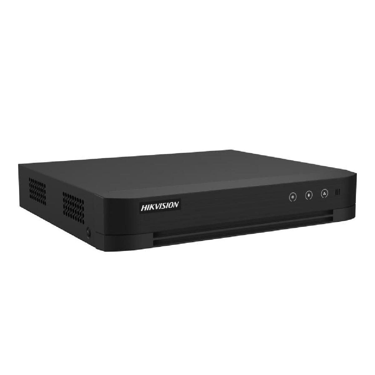 Un DVR Hikvision nero con fessure di ventilazione e pulsanti frontali.