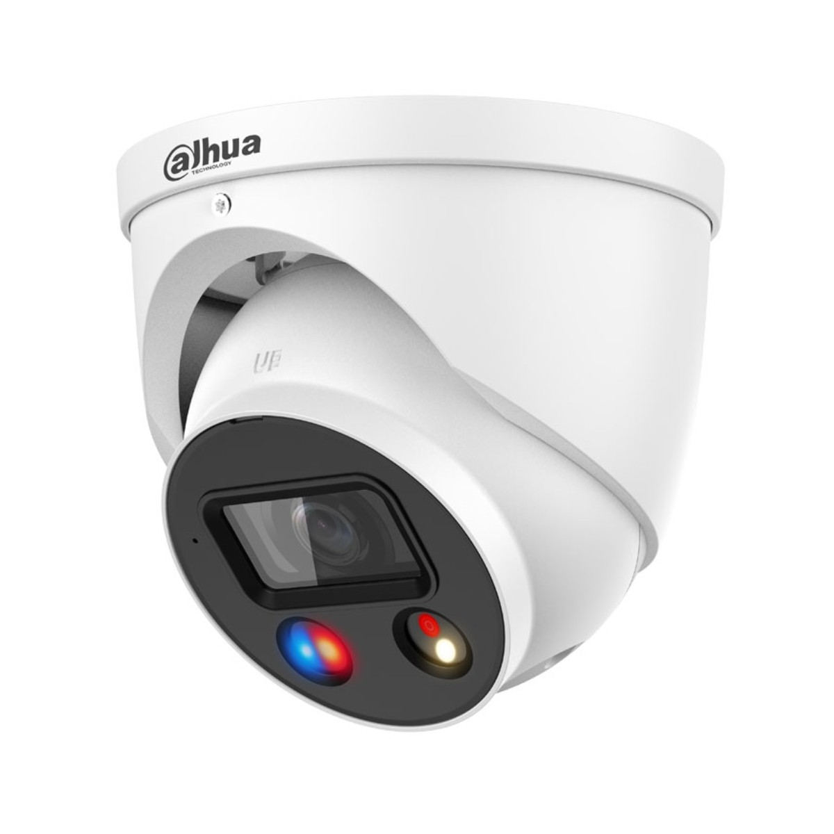 Una telecamera di sicurezza bianca con logo Dahua e luci rosse/blu.