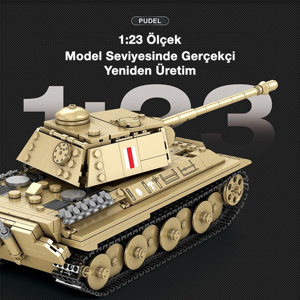 Koyu arka plan üzerinde paletli ve namlulu altın rengi oyuncak tank.