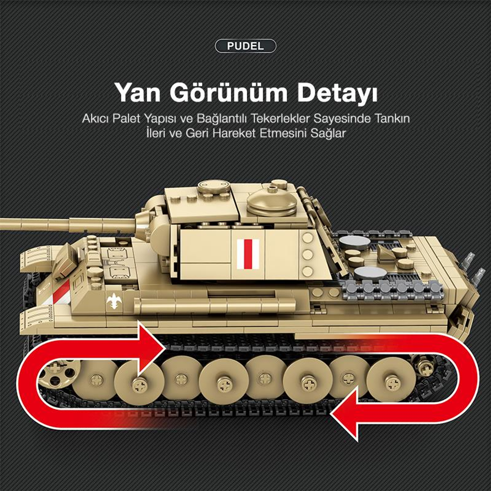 Keten hareketini gösteren kırmızı oklarla bej rengi oyuncak tank modeli.