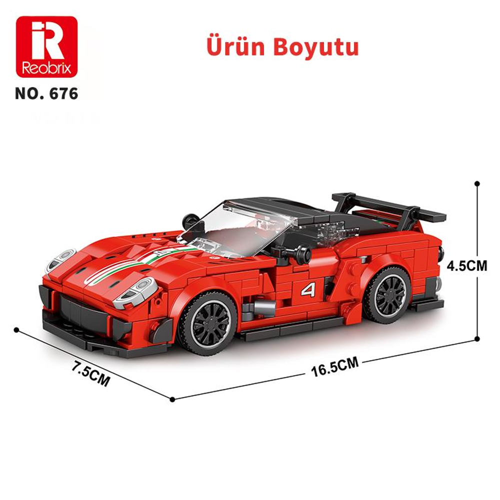 Kaputunda beyaz ve yeşil şeritler bulunan kırmızı, tuğladan yapılmış model spor araba.