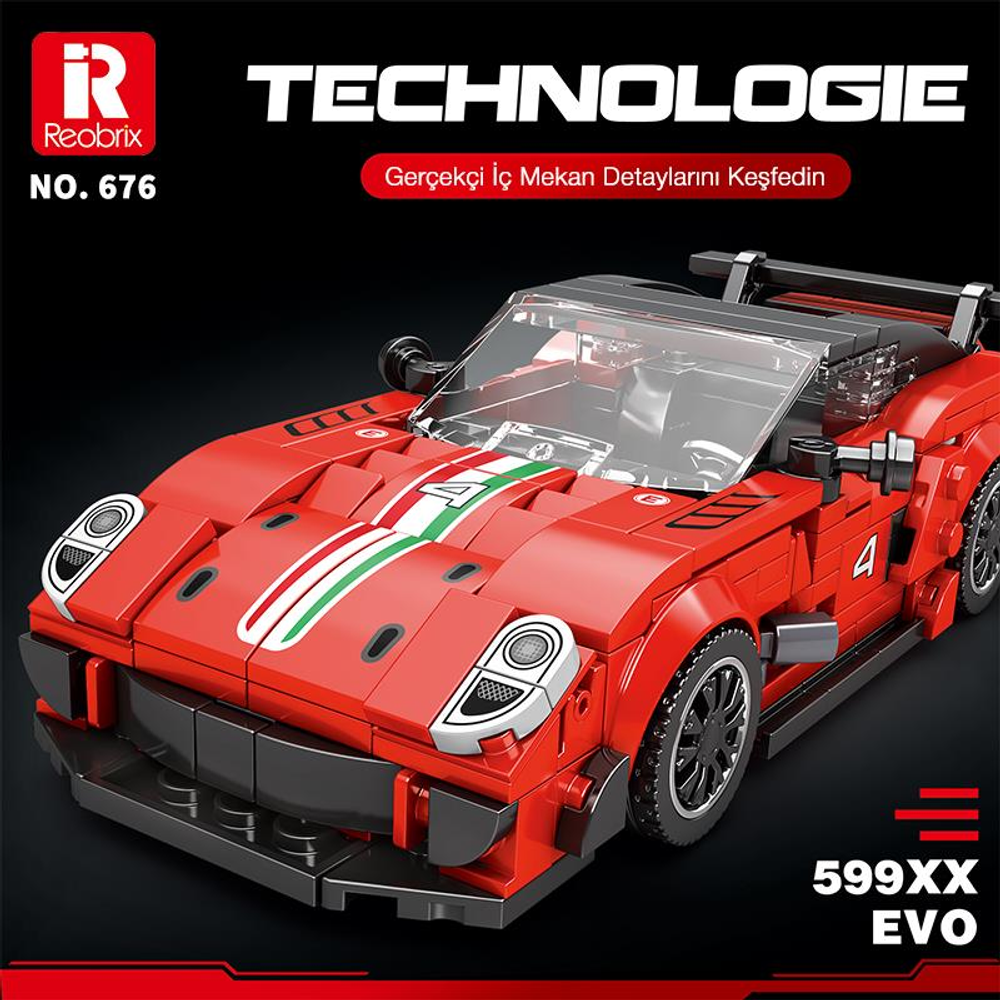Beyaz ve yeşil şeritli, 4 numaralı kırmızı Lego spor araba modeli.