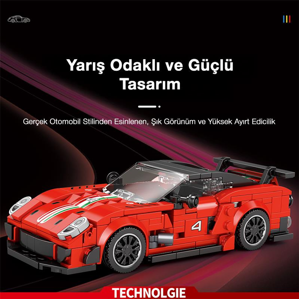Çamurluğunda 4 numarası olan kırmızı bir Lego spor araba modeli.