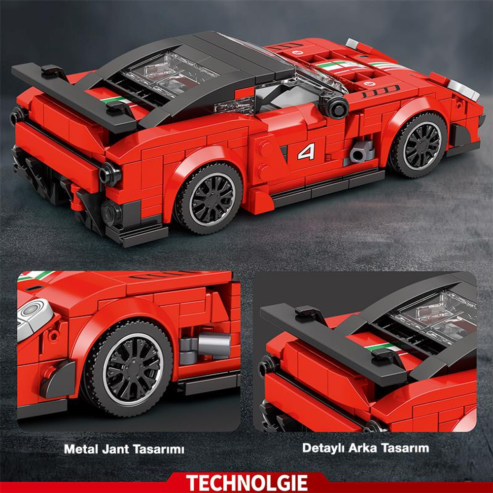 Siyah tekerlekli ve detaylı kırmızı bir Lego spor araba modeli.