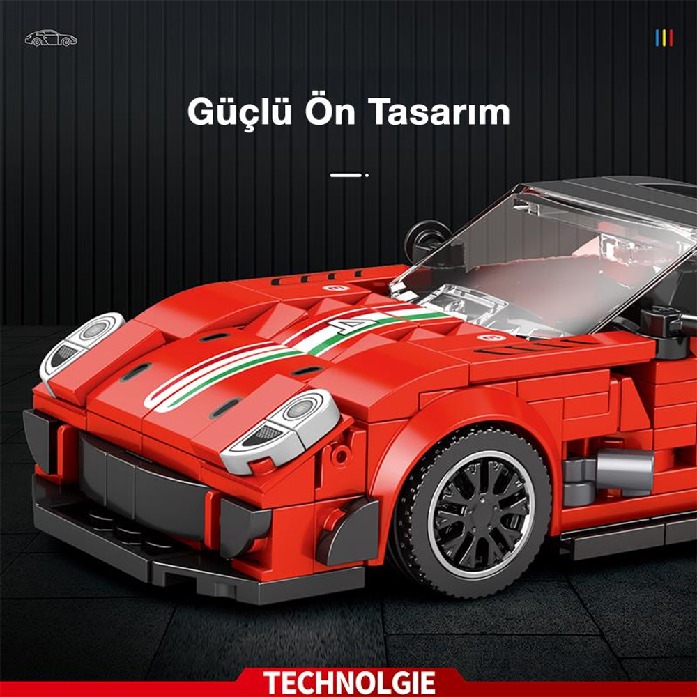 Beyaz ve yeşil şeritli kırmızı Lego spor araba modeli ve siyah tekerlek.