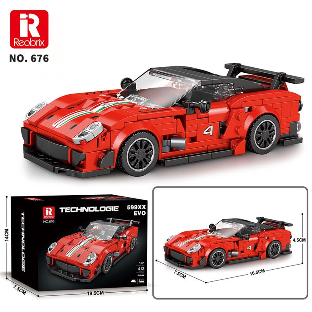 4 numaralı ve beyaz şeritli kırmızı Lego spor araba modeli.