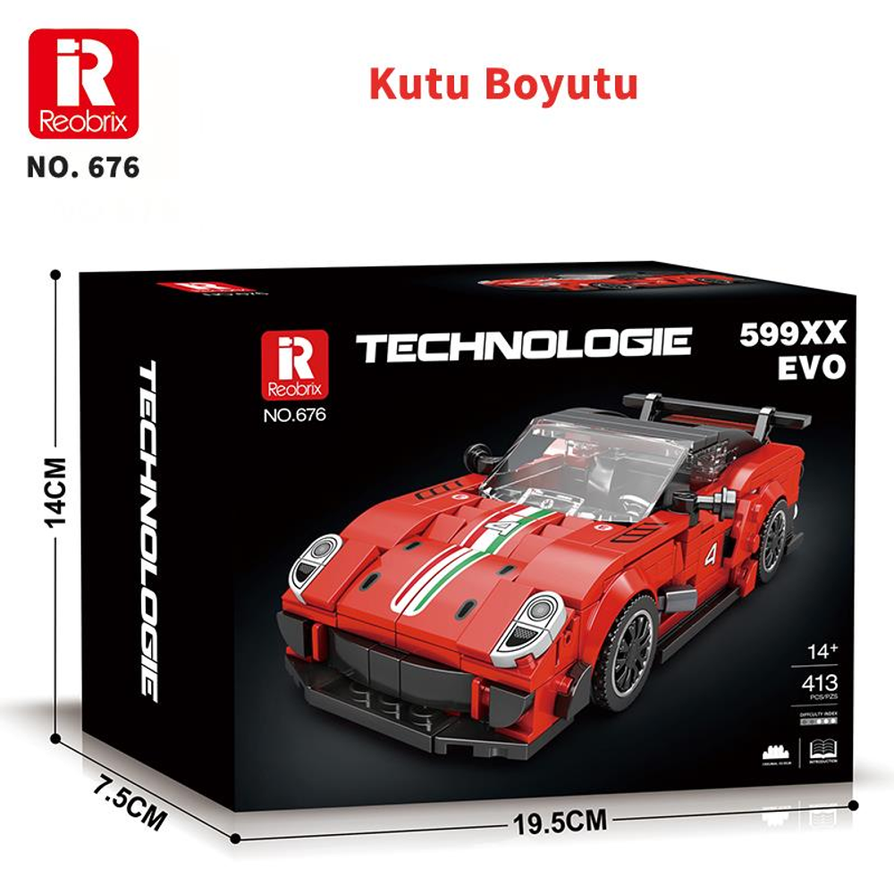 İtalyan bayrağı şeritli kırmızı model araba yapım kiti kutusu. Boyutlar gösterilmiştir.