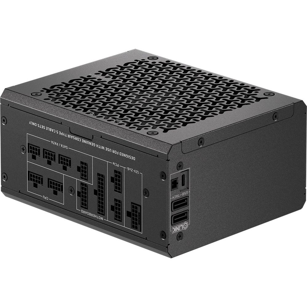 Zwarte voeding met poorten voor moederbord, CPU, SATA/PATA en PCIe.