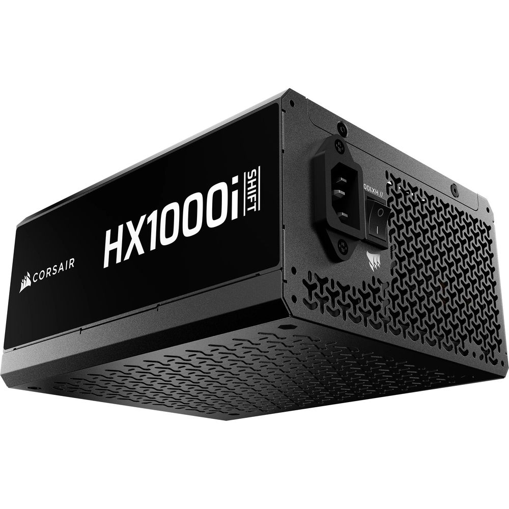 Zwarte Corsair HX1000i computer voeding met een geperforeerd ventilatierooster.