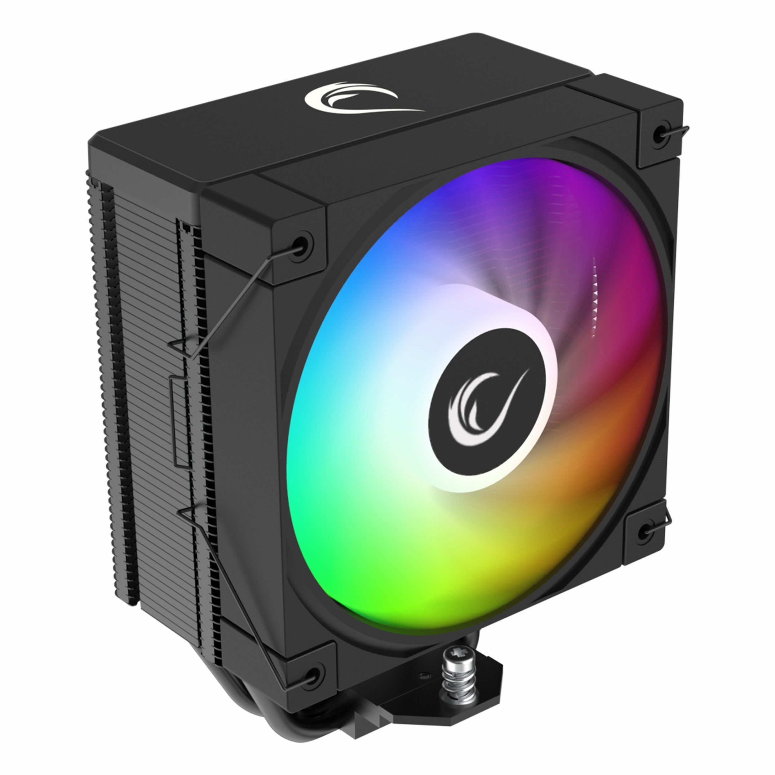 Siyah CPU soğutucu, RGB fan ve metal kanatçıklar.